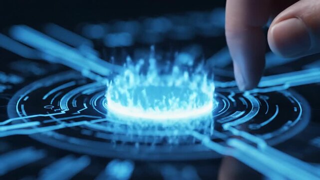 Futuristic digital interface with a finger touching a glowing blue computer chip hologram