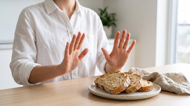 Person refusing to eat bread slices on a plate, gesturing no with hands, representing diet and healthy eating