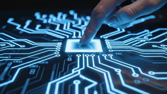 Human hand touching glowing digital circuit board interface with futuristic CPU processor