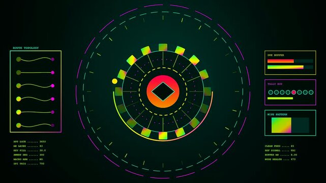 Digital broadcast switcher interface displays complex neon data metrics with rotating circular elements plus colorful glowing gradients within a sophisticated dark computer screen monitor system