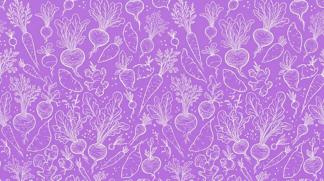 Seamless purple pattern of sketched carrots, beets and root vegetables