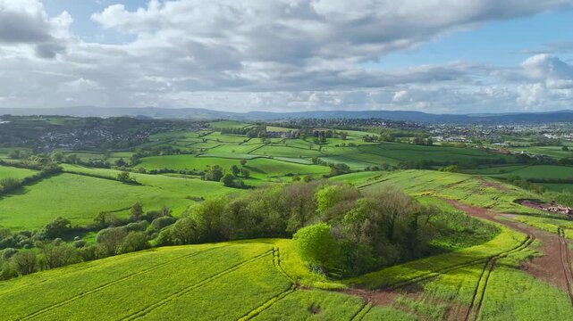 Farmlands and Rapeseed fields from a drone, Devon, England, United Kingdom