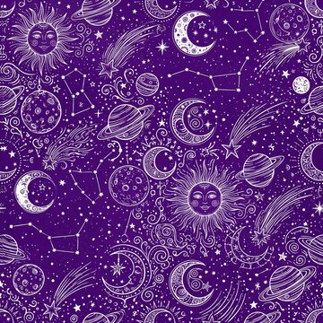 Purple celestial seamless pattern with moons, planets, and constellations