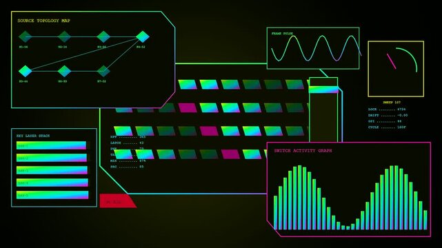 A digital broadcast switcher interface displays complex data streams across multiple monitor panels featuring glowing neon charts pulse graphs and intricate flow maps in dark space