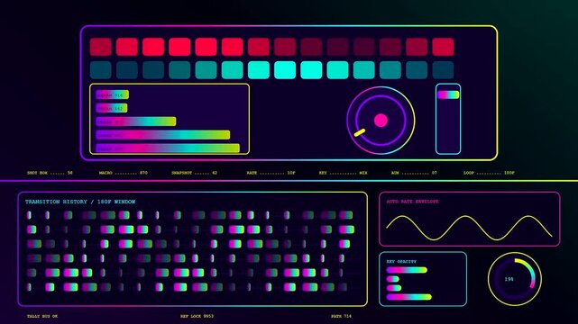 a colorful digital broadcast switcher interface displays multiple glowing data panels and rhythm waveforms that pulse with light in this fast paced modern software sequence