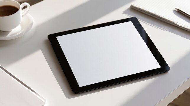 A black and white digital tablet with a blank screen, placed on a white desk with a cup of coffee and a notebook.