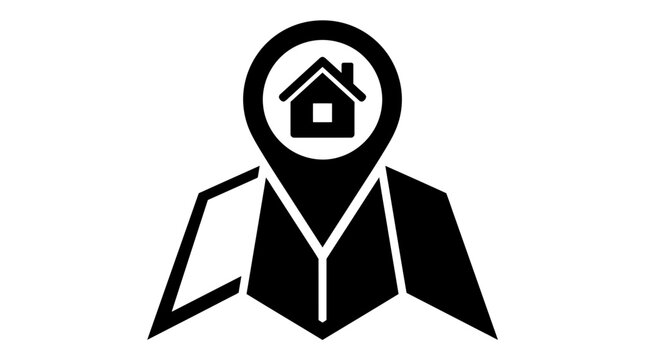 Black vector map icon featuring a location pin with a house symbol, ideal for real estate and home finding services