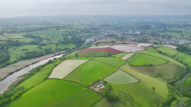 Farms and Fields over River Dart from a drone, Stoke Gabriel, Totnes, Devon, England, United Kingdom