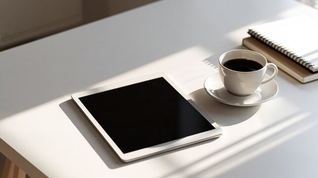 A white digital tablet with a blank screen, placed on a white desk with a cup of black coffee and a notebook.