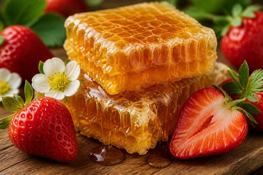 Honeycomb pieces with strawberries on wooden board closeup