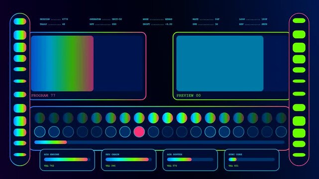 A digital broadcast switcher interface features triple monitor panels with vibrant neon graphical elements displayed across a dark screen for professional live video production environment control