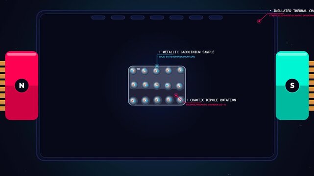 Educational animation detailing the magnetocaloric effect and clean magnetic refrigeration using a gadolinium sample, demonstrating magnetic ordering, heat dissipation, and endothermic cooling