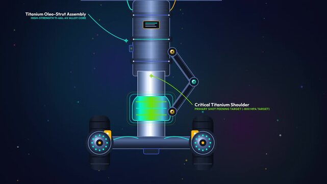 Animation explaining the shot peening process on an aircraft titanium strut, showing surface treatment with ceramic micro-beads, compressive stress creation, and fatigue crack prevention