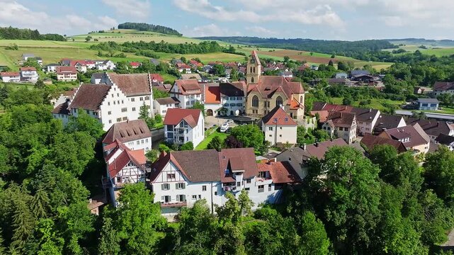 Aerial view of flower field, district of the southern Baden town of Tengen with flower field Castle and the parish church of St Michael, Hegau, district of Constance, Baden-W&uuml;rttemberg, Germany