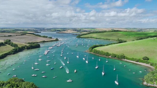 Salcombe and Mill Bay over Kingsbridge Estuary from a drone, Batson Creek, Southpool Creek, Devon, England, United Kingdom