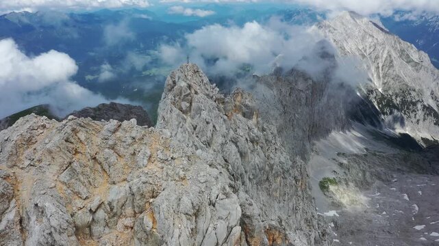 Drone shot, Alpine panorama, aerial view, Wettersteingrad with Partenkirchner Dreitorspitze, Wetterstein Mountains, Garmisch-Partenkirchen, Bavaria, Germany