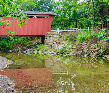 Reflection of The Everett  Covered Bridge on Furnace Run Creek, Cuyahoga Valley National Park, Ohio, USA
