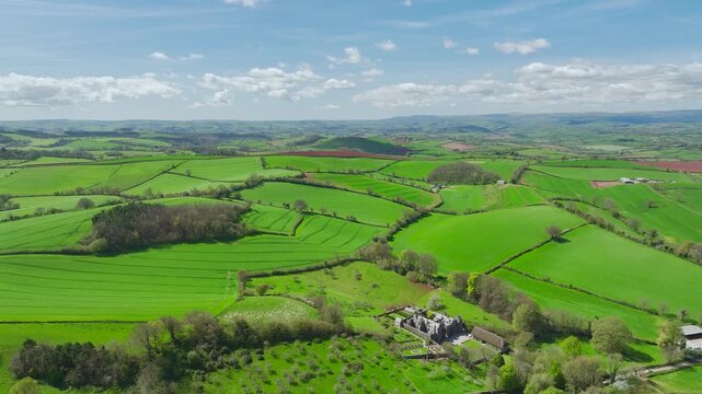 Fields and Farmlands at spring from a drone, Devon, England, United Kingdom