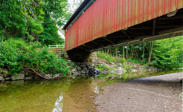Reflection of The Everett Covered Bridge on Furnace Run Creek, Cuyahoga Valley National Park, Ohio, USA