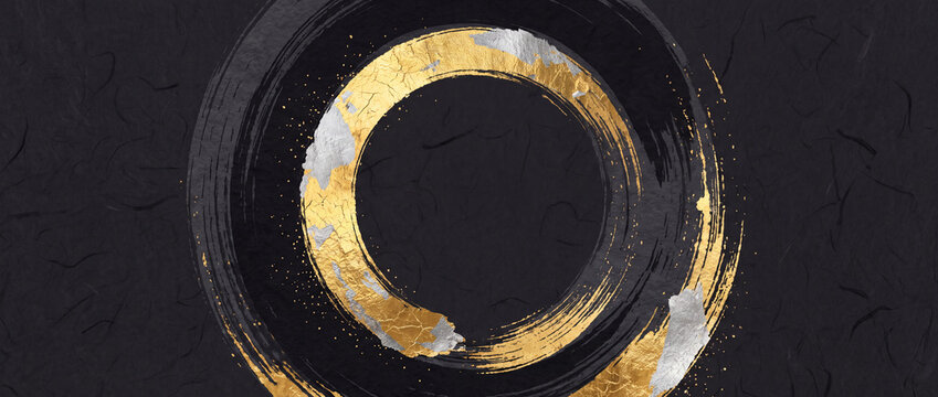 Enso circle with gold leaf brush stroke on textured black washi paper, offering a luxury oriental backdrop for Zen meditation branding, Japanese packaging, and minimalist greeting cards