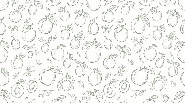 Seamless pattern of hand-drawn peaches and leaves in black line art on white