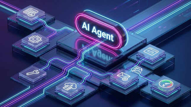 AI agent autonomous task pipeline artificial intelligence software stepped glass platform network nodes data flow 3d render modern futuristic technology background for corporate IT presentation banner