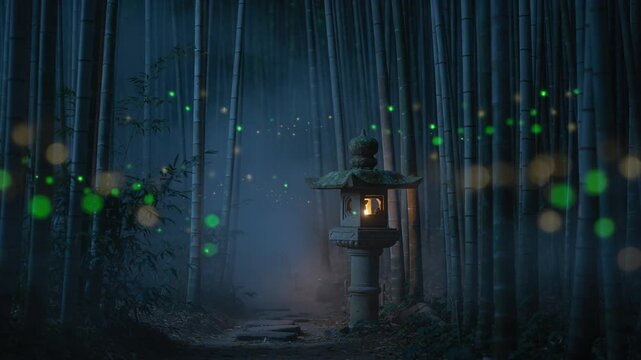 幽玄な夜の竹林、苔庭の石灯籠の周りを優しく点滅しながら舞うホタルの光、神秘的な和の夜景4Kループ動画