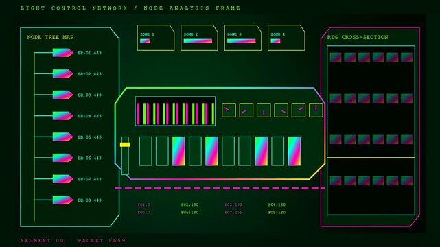 Digital dmx controller display showing active node network monitoring interfaces with changing color data visualizations in a complex light management system for event production stage setups