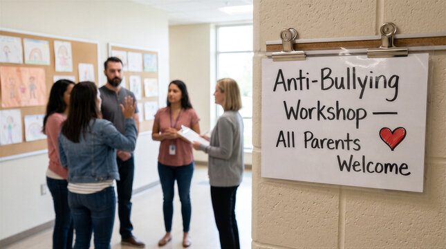 A group of parents and a school staff member talking in a hallway during an antibullying workshop at an elementary school