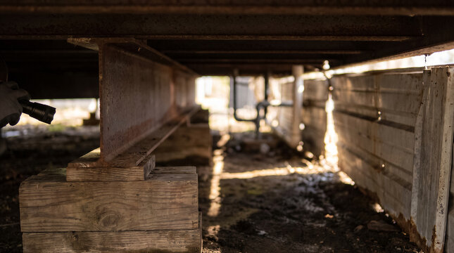 Underneath a mobile home showing the steel ibeam frame, wooden support piers, and plumbing pipes in a crawl space area