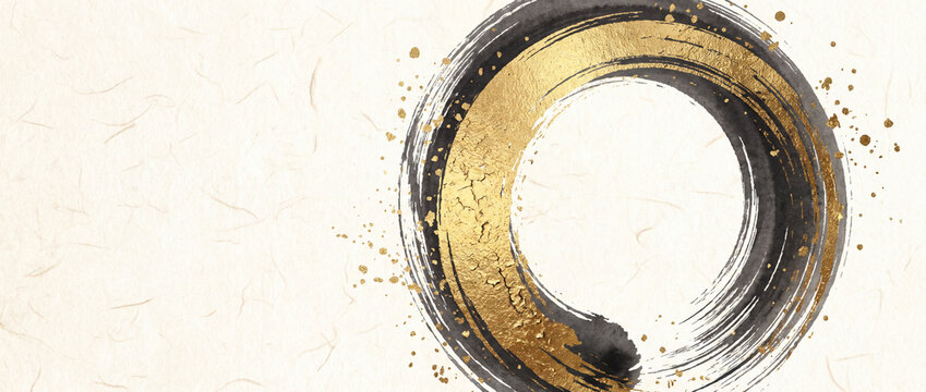 Enso circle in black ink and gold foil on textured washi paper background, featuring traditional Japanese brush stroke calligraphy art for luxury oriental branding, banner, and packaging