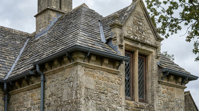 Historic stone cottage with intricate wooden window frames and steeply pitched shingle roof amidst lush greenery under cloudy sky