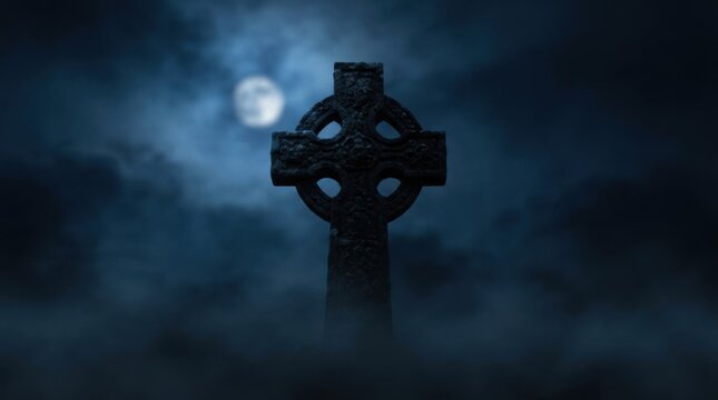 Celtic Cross Silhouette Against Moonlit Sky