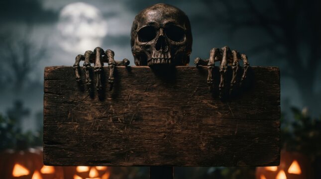 Skeleton Hands Holding Wooden Sign with Halloween Background
