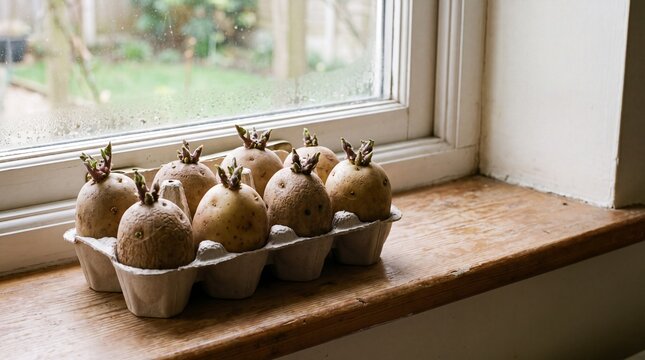 Seed Potatoes Chitting in an Open Egg Carton