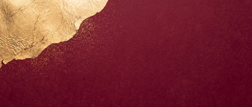 Gold foil on burgundy textured paper with glittering metallic dust and crinkled leaf border, offering panoramic banner copy space for luxury holiday greeting cards and elegant invitations