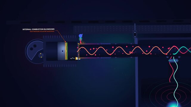Educational 2D animation explaining the physics of a Helmholtz resonator for noise cancellation showing internal combustion blowdown, anti-phase reflection and destructive interference node