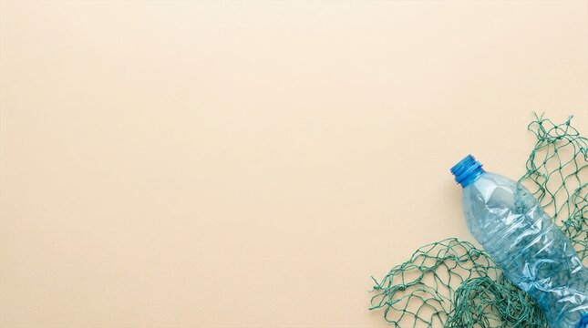 Crushed plastic bottle with fishing net on beige background for ocean plastic pollution awareness