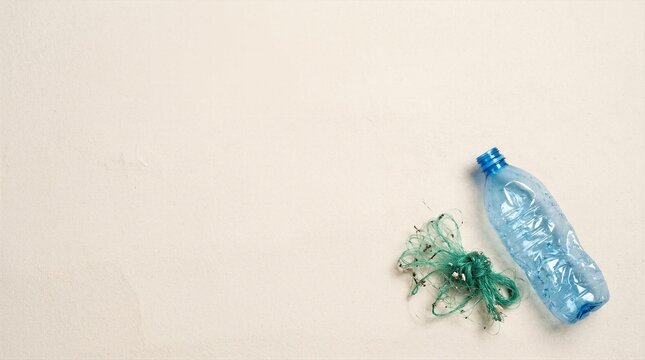 Discarded plastic bottle and tangled fishing net on sand for marine litter and recycling concept