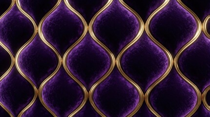Obraz premium Deep purple velvet pattern with smooth gold trim creates opulent texture. Rich fabric surface shows intricate detail. Luxurious design element, perfect background for elegant themes.