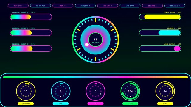 Digital dmx controller interface displays changing circular dial values and shifting colorful level bar sliders while monitoring performance data on multiple console screens during a live broadcast