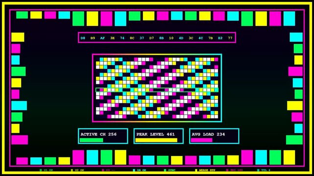 A digital dmx controller screen displays intricate geometric patterns and scrolling data logs within a colorful interface panel for professional lighting stage performance production setups