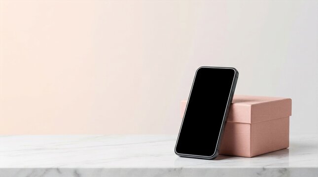 Smartphone beside pink gift box on marble surface for mobile gifting and shopping banner