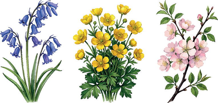 Set of three hand drawn spring flowers including bluebell buttercup and cherry blossom branches in vector style