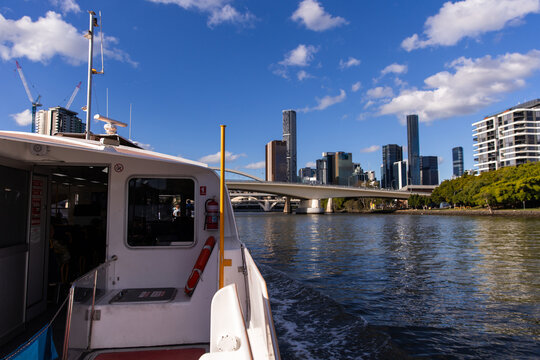 view from the back of a City Cat towards Brisbane City from the Milton Reach near West End