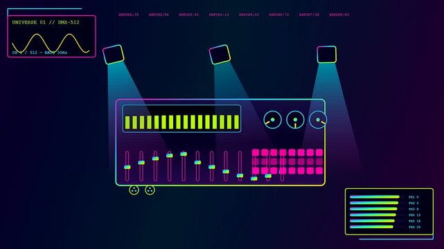 a colorful dmx controller interface displayed in three distinct frames featuring neon sliders waveforms digital metrics and light beams in a dark virtual studio setup