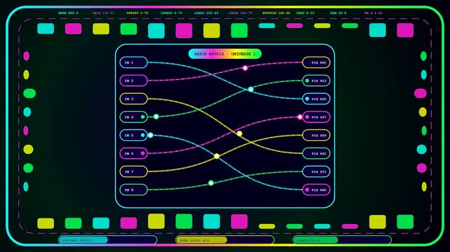A digital dmx controller screen displays complex light mapping matrix paths as glowing colorful nodes transition between multiple circular points on a dark computational interface panel
