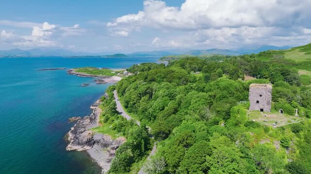 Dunollie Castle from a drone, Oban, Argyll and Bute, Scotland, UK