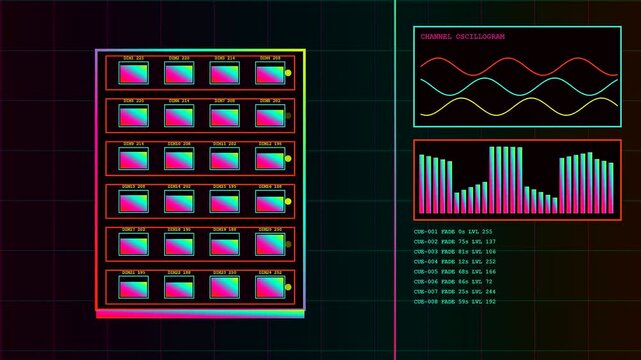 a colorful DMX controller interface displays fluctuating waveforms and digital level bars within a grid based computer terminal environment showcasing active lighting channel control adjustments