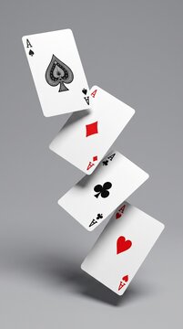 Four ace playing cards balanced in a vertical stack on a grey background